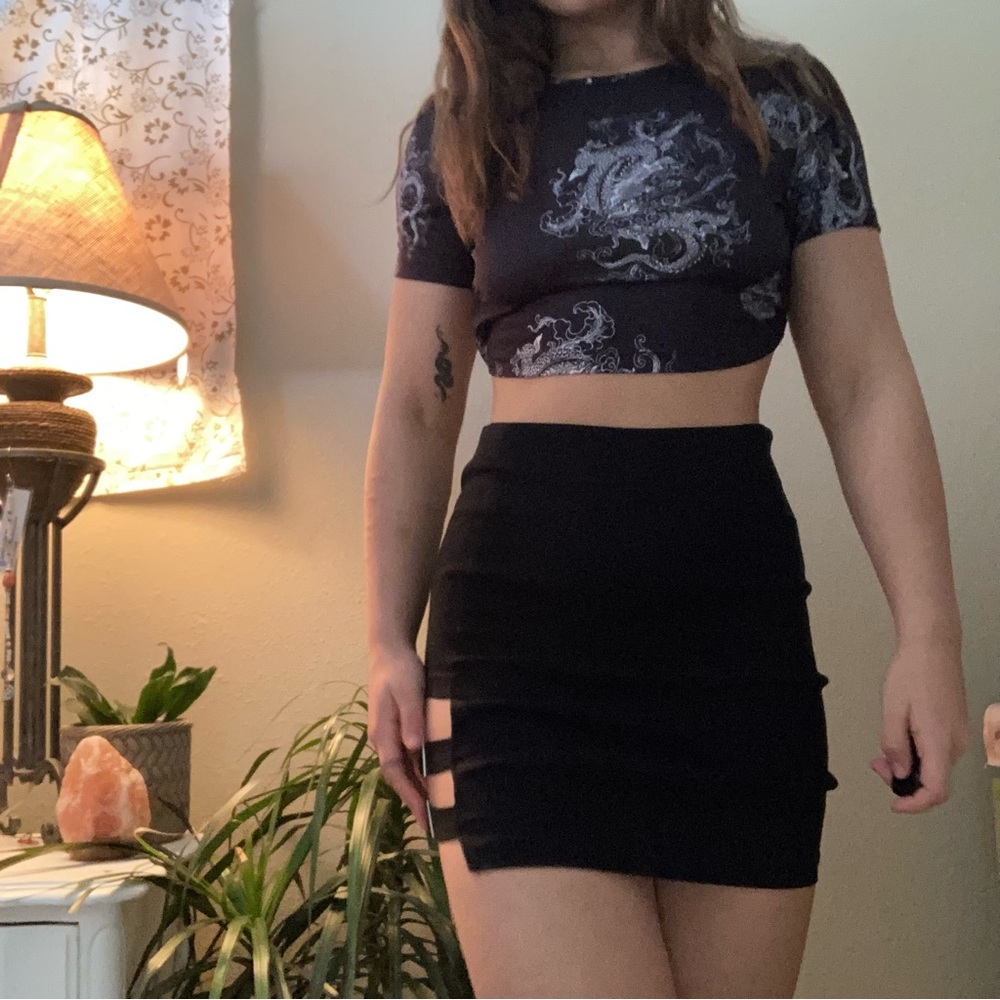 SHEIN outfit Buckle Cut-Out Skirt and Backless tie crop-top outfit